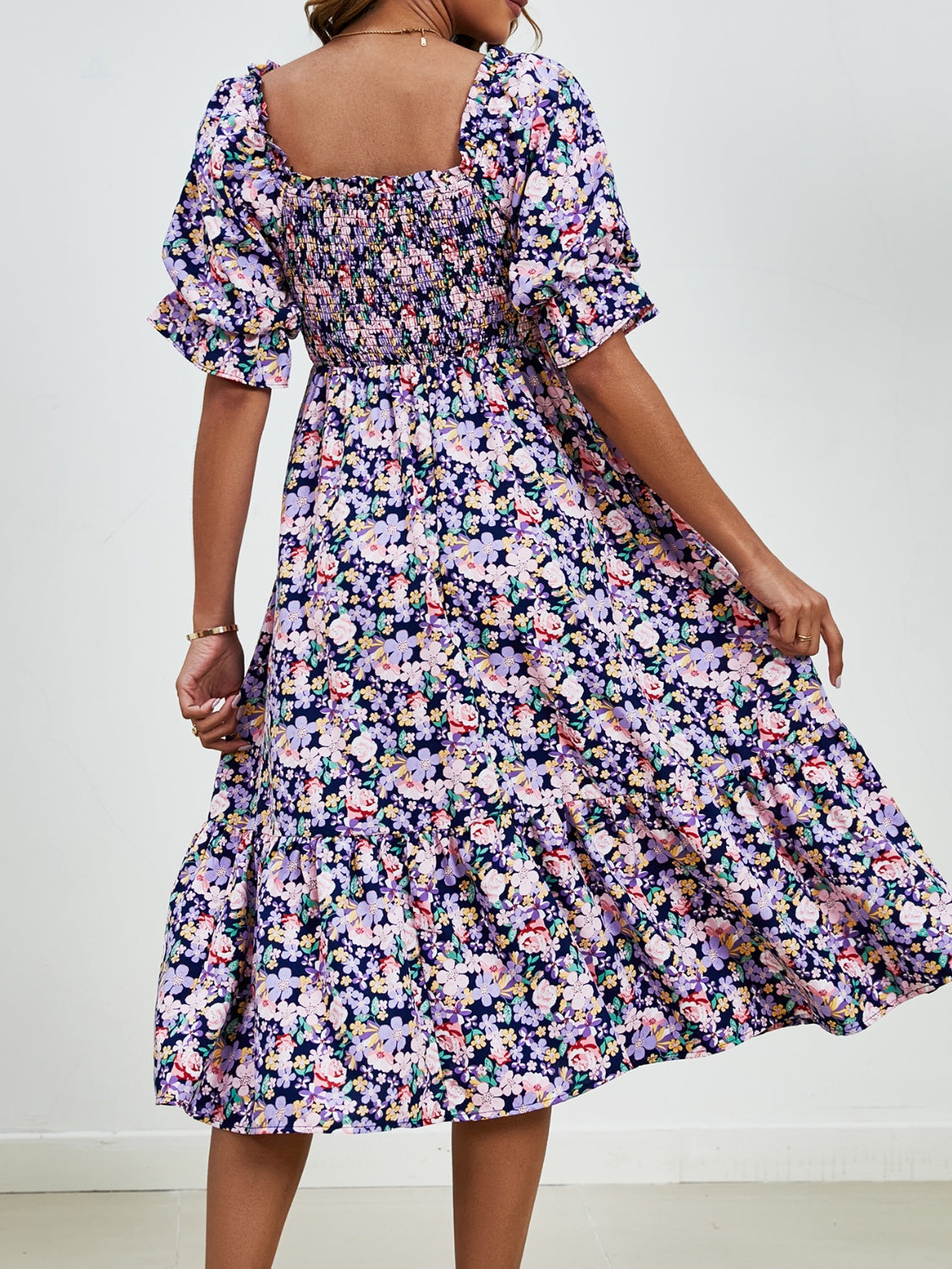 Smocked Floral Square Neck Short Sleeve Dress Trandify deal