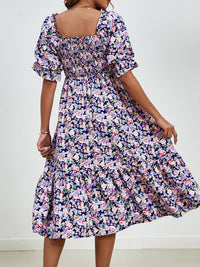 Smocked Floral Square Neck Short Sleeve Dress Trandify deal