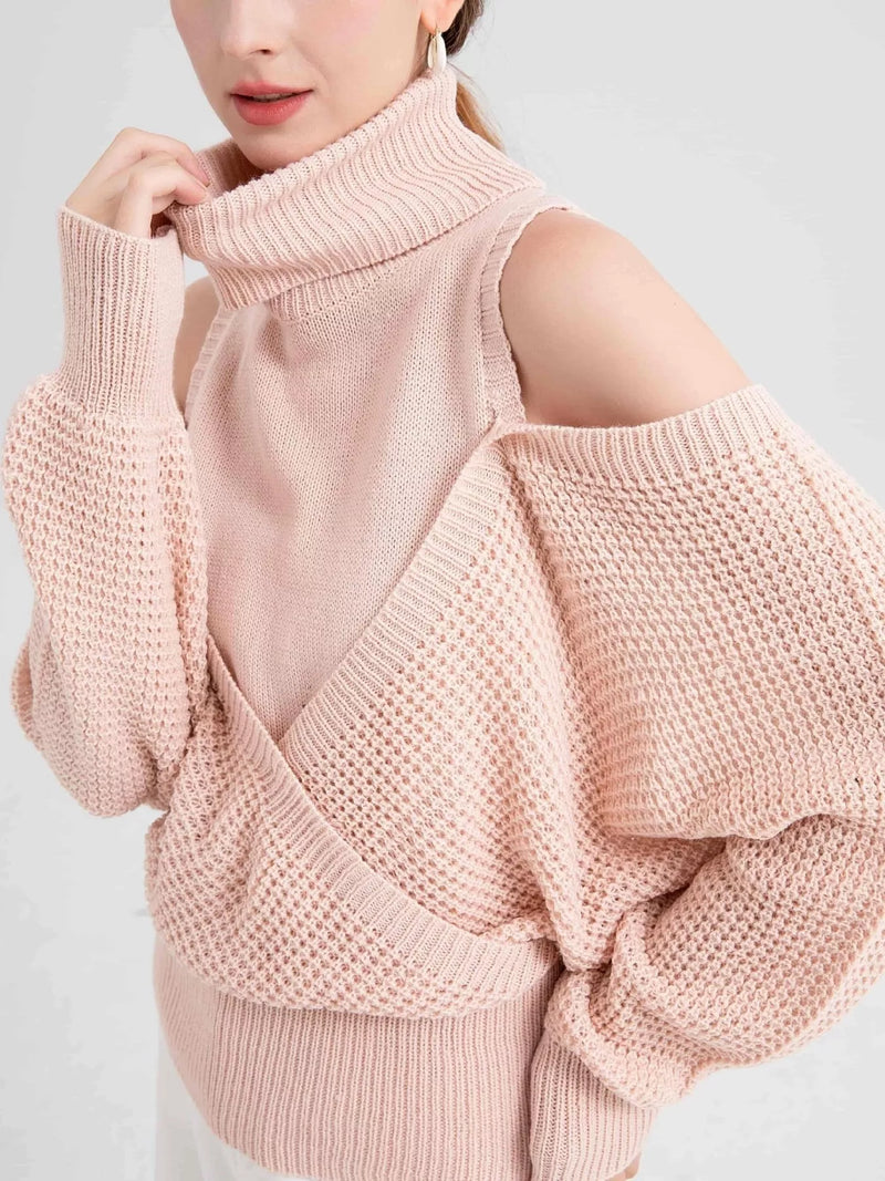 Oversized Cold Shoulder Sweater in Cream knit worn with denim jeans
