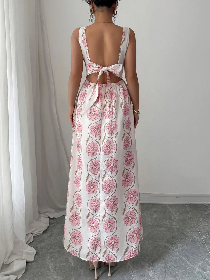 Floral Print Tie Back Maxi Dress – Women’s Boho Summer Long Sleeve Dress