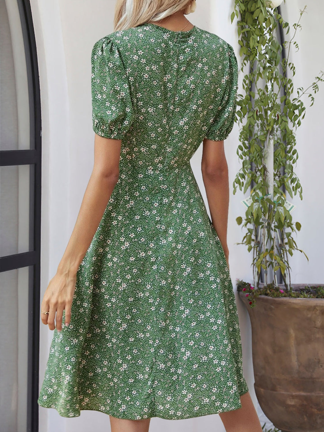 Printed V-Neck Short Sleeve Dress Trandify deal