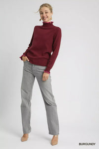 Women's soft ribbed sweater with ruffle contrast trim neckline, casual knit top