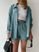 Trendy linen-blend two-piece set for women, stylish matching shirt and shorts