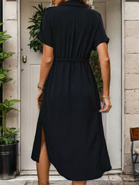 Perfee Slit Drawstring Button Up Short Sleeve Midi Dress Trandify deal
