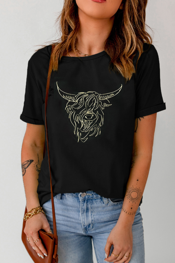 Bull Head Embroidered T-Shirt on a model, close-up of the detailed bull design on a premium cotton fabric.