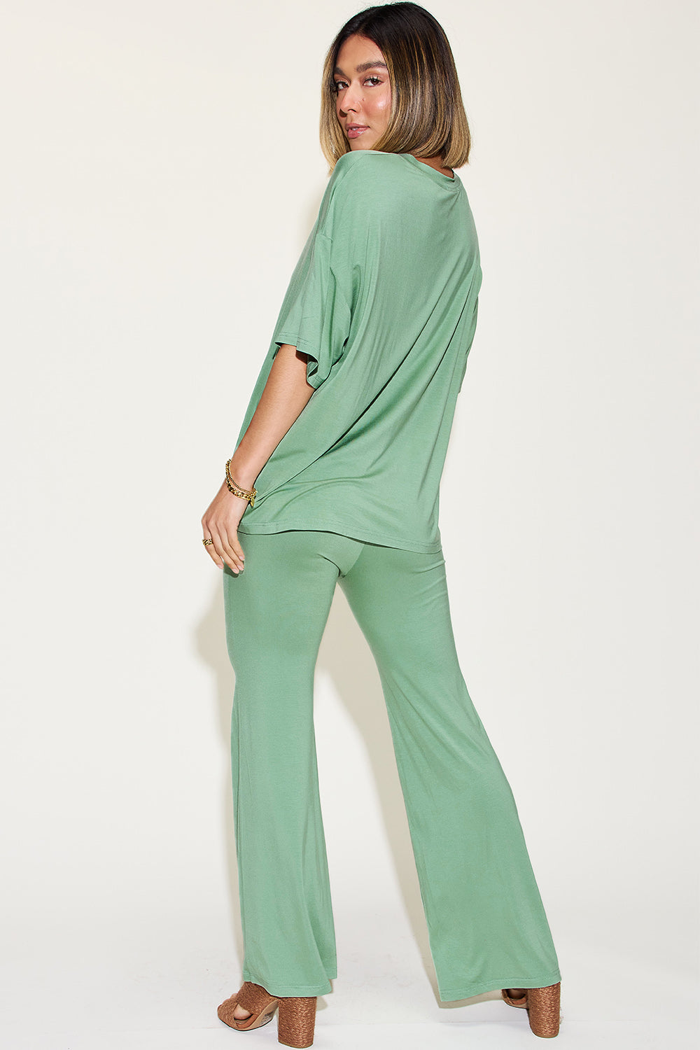 Basic Bae Full Size Bamboo Drop Shoulder T-Shirt and Flare Pants Set Trandify Deal