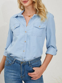 Pocketed Button Up Long Sleeve Denim Shirt Trandify deal
