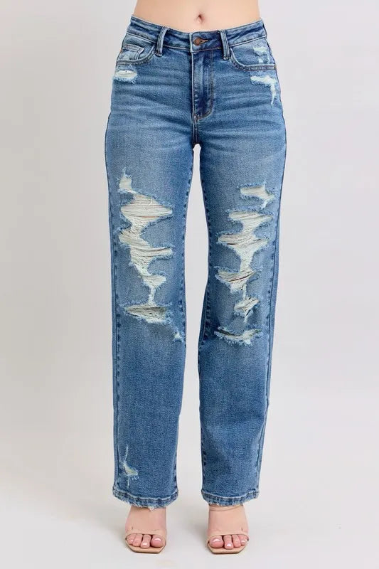 Judy Blue Destroyed Straight Leg Jeans high waist style