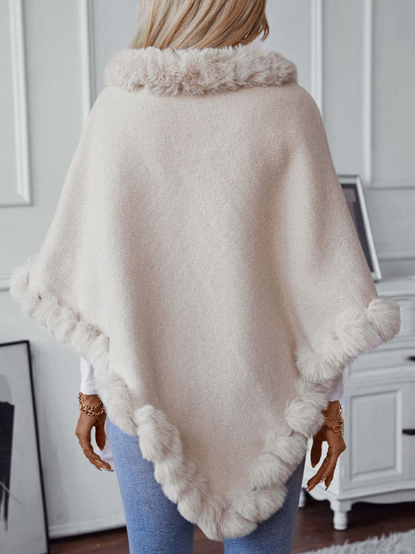 Fuzzy Trim Texture Three-Quarter Sleeve Poncho Trandify Deal