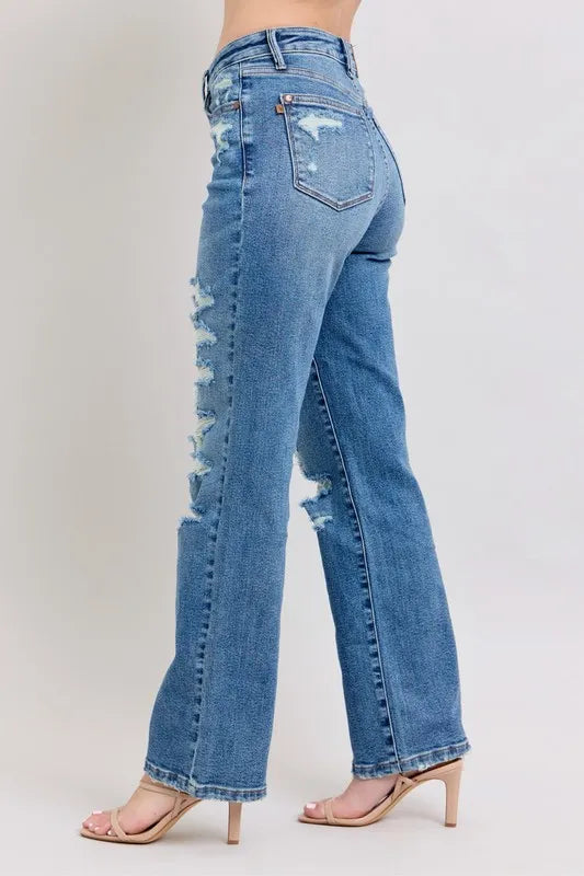 Judy Blue Destroyed Straight Leg Jeans high waist style