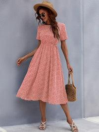 Printed Round Neck Short Sleeve Midi Dress Trandify Deal