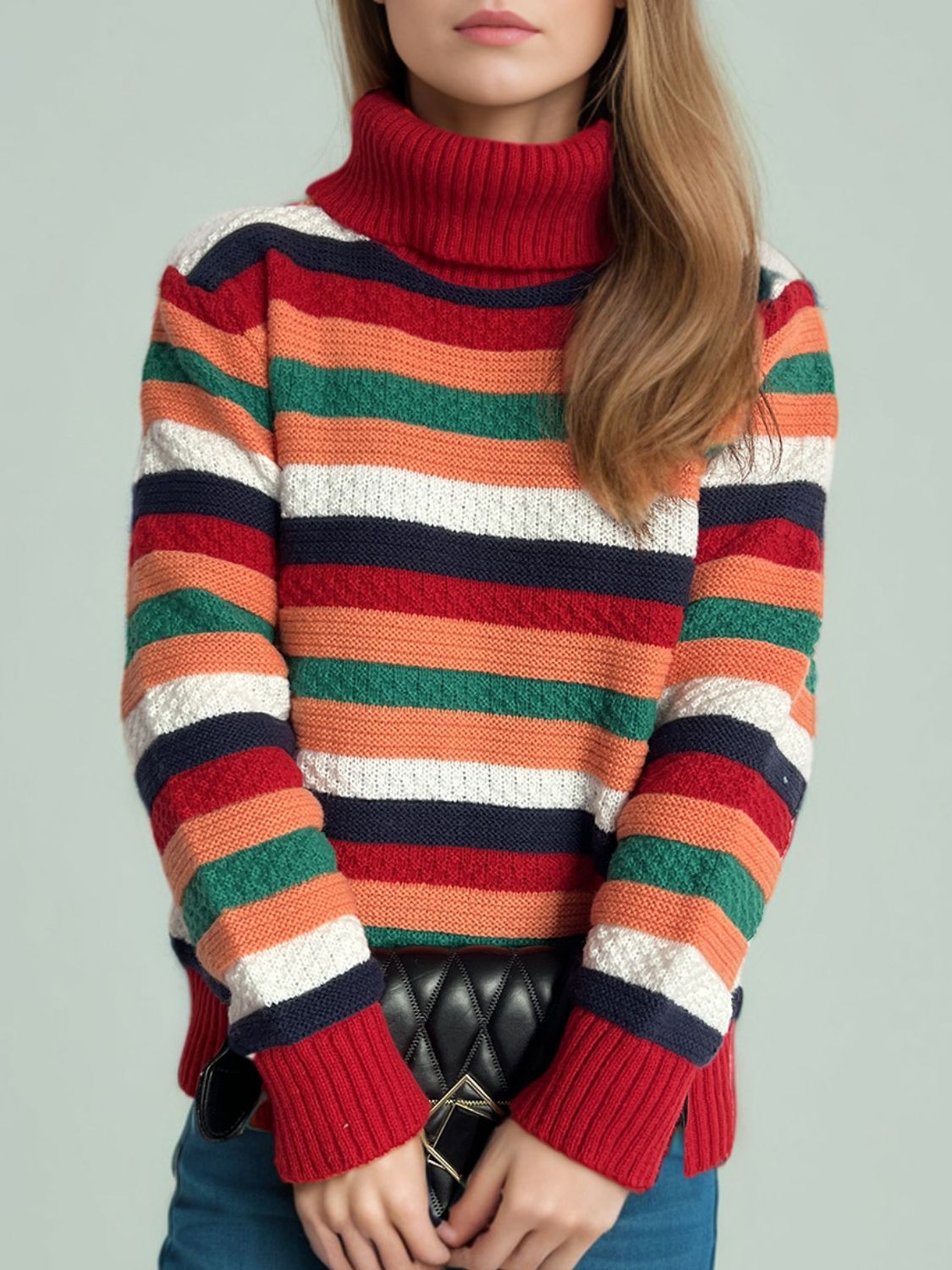 Contrast Stripes Turtleneck Long Sleeve Sweater Trandify Deal