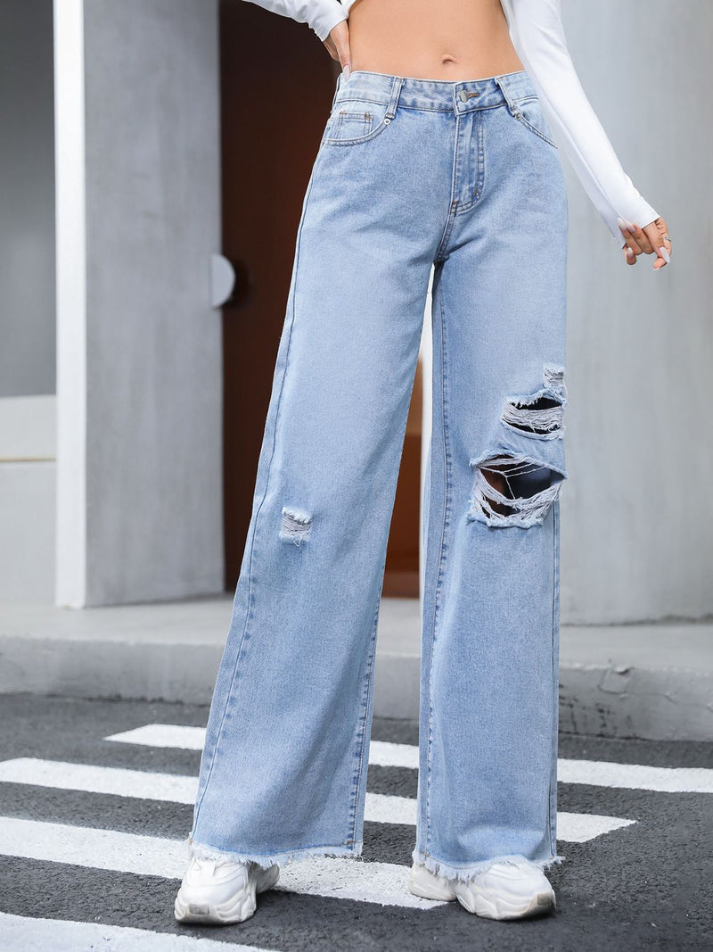 Women’s Distressed Raw Hem Wide Leg Jeans – Trendy High Waisted Denim | Trandify Deal