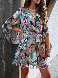 Devine Ruffled Printed Surplice Half Sleeve Mini Dress Trandify Deal