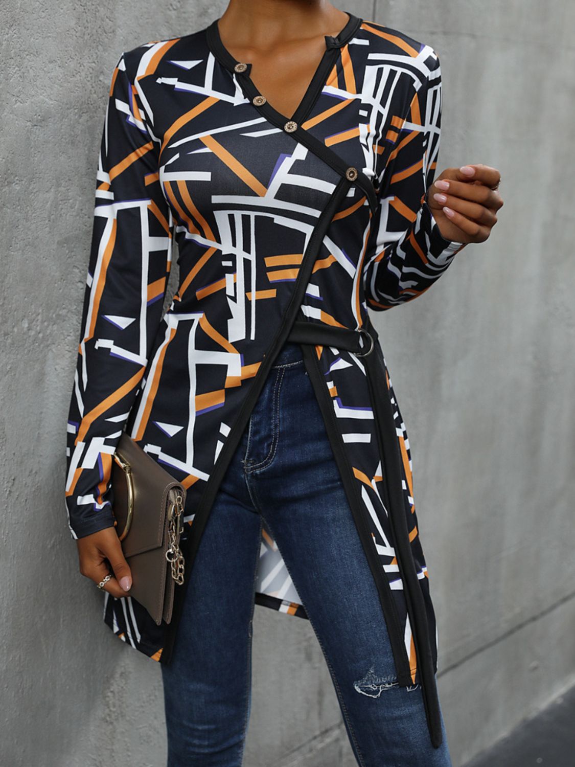 Perfee Geometric Surplice Long Sleeve T-Shirt Trandify deal