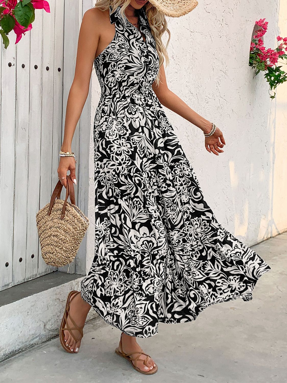 Perfee Backless Smocked Printed Sleeveless Midi Dress Trandify deal