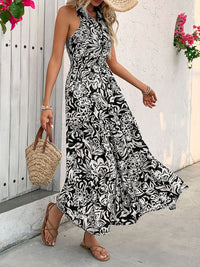Perfee Backless Smocked Printed Sleeveless Midi Dress Trandify deal