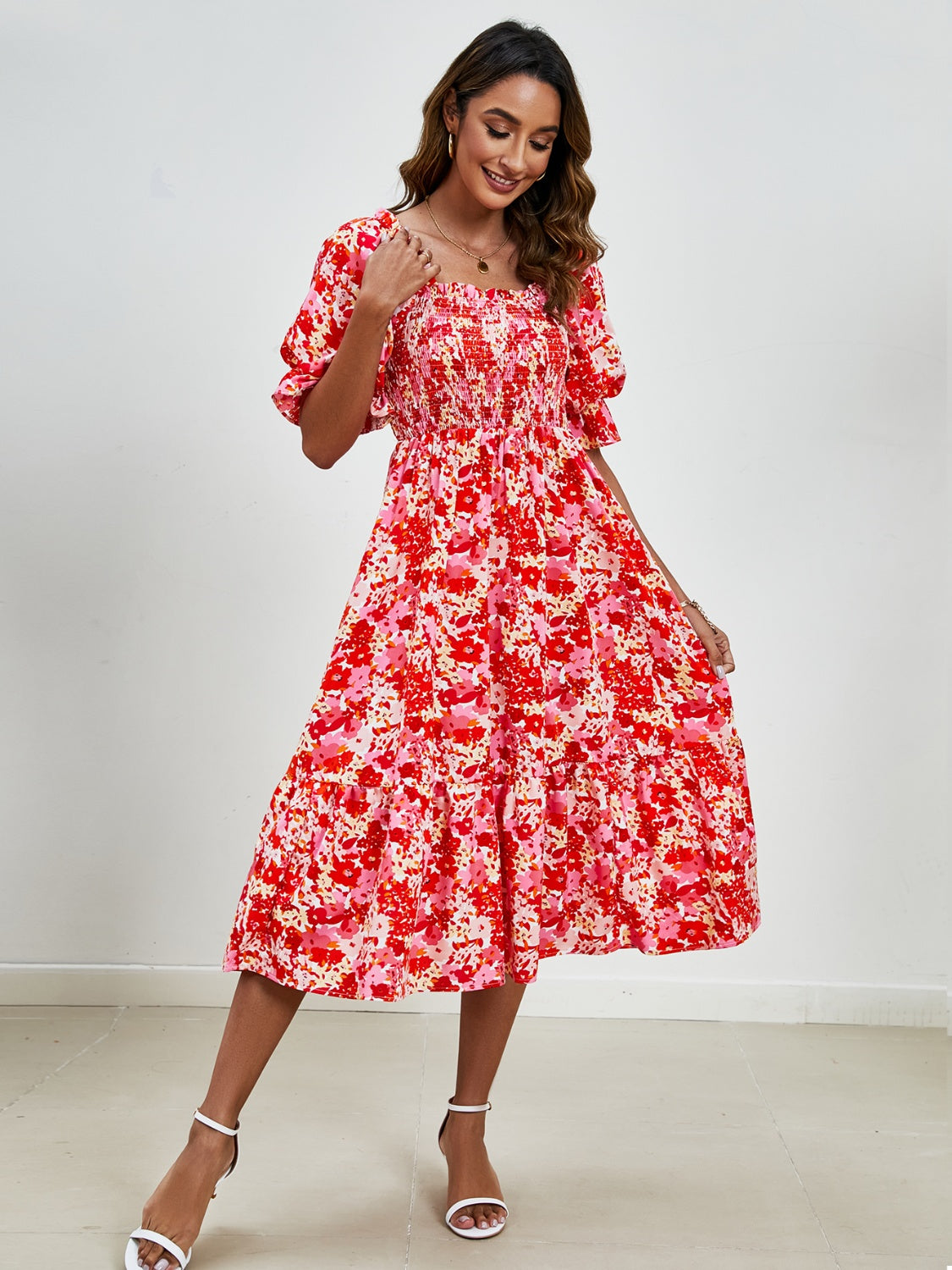 Smocked Floral Square Neck Short Sleeve Dress Trandify deal