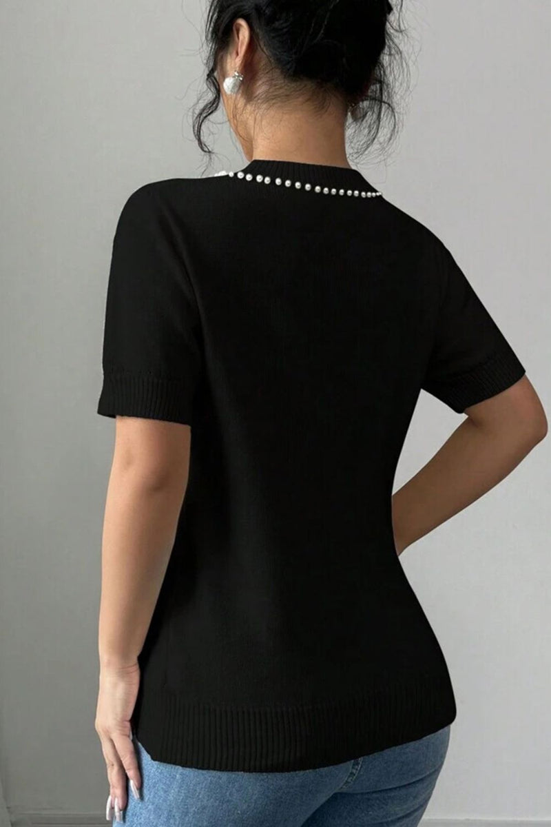 Back view of Pearl Bow Necklace Embellished Short Sleeve Knit Top in [Black]