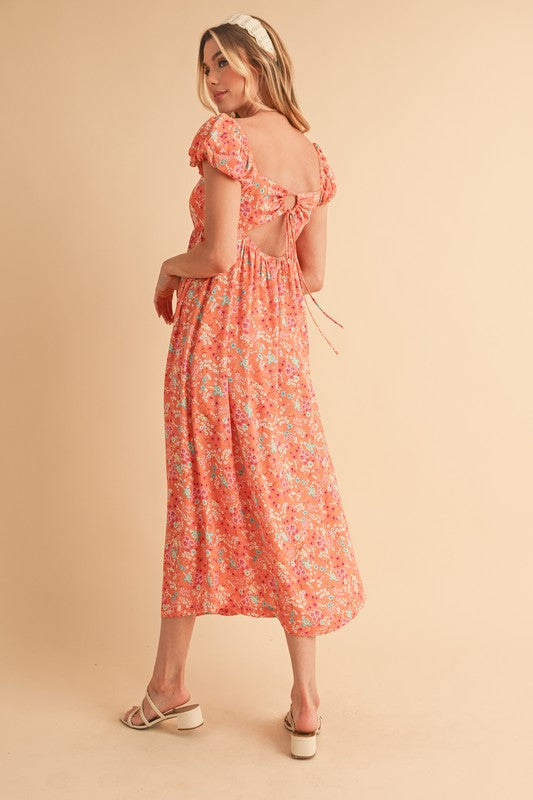 Floral Square Neck Puff Sleeve Midi Dress for Women – USA Summer Fashion