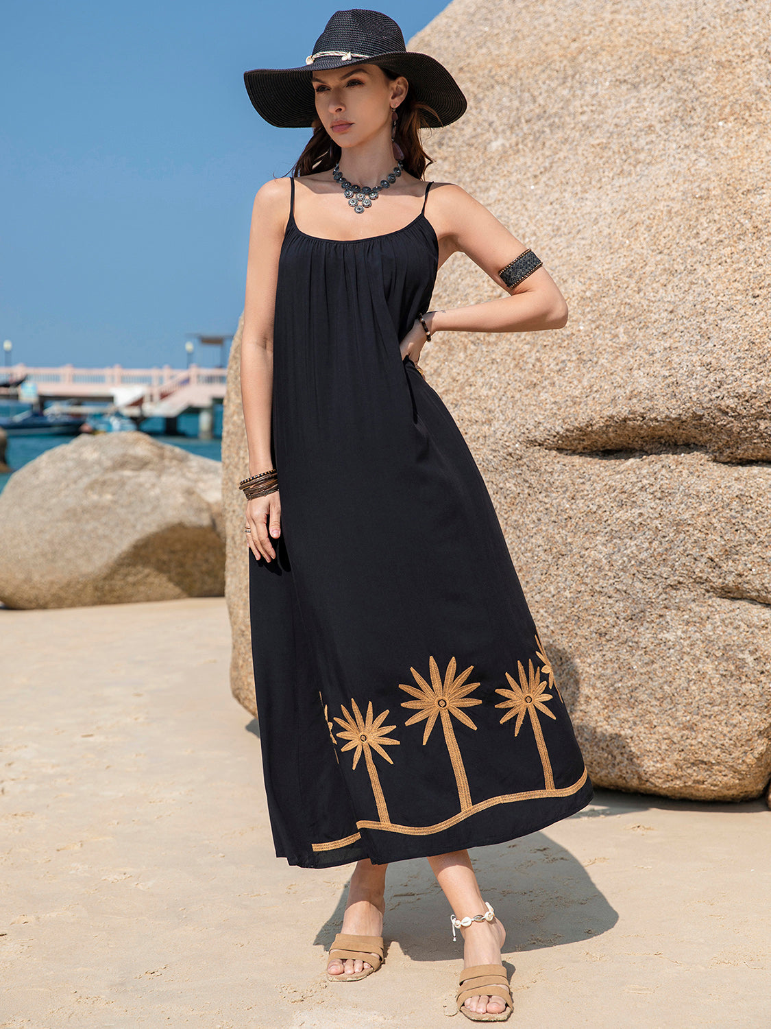 Embroidered Scoop Neck Midi Cami Dress Trandify Deal