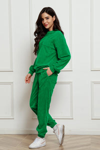 Corduroy Round Neck Sweatshirt and Sweatpants Set Trandify Deal