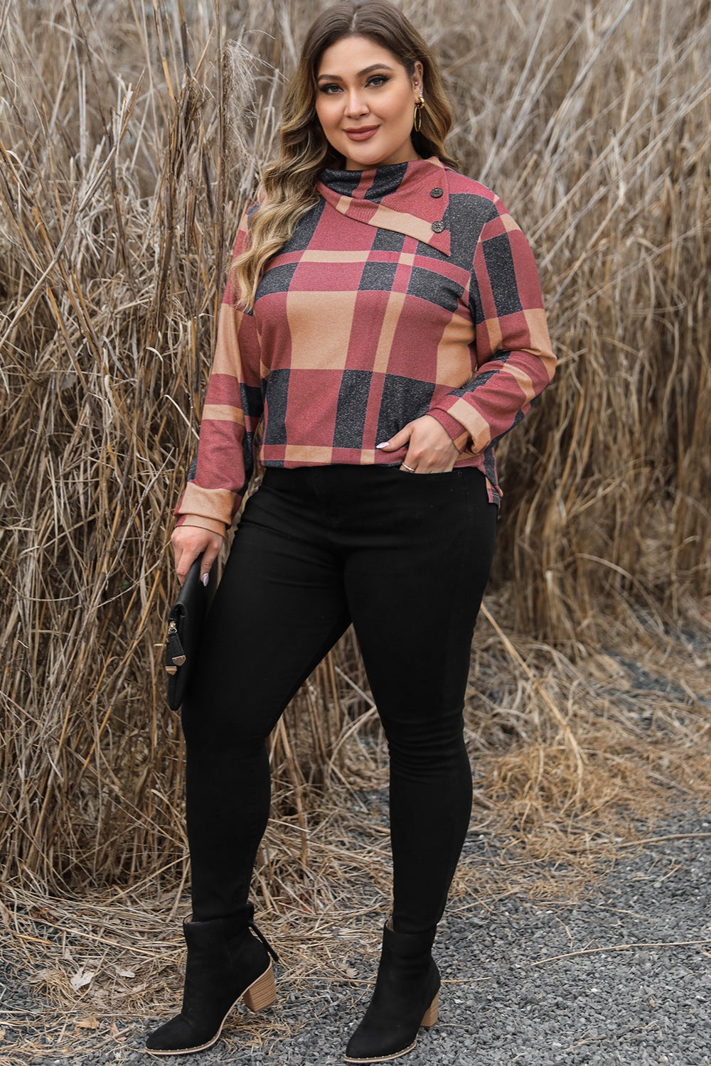 Plus Size Plaid Cowl Neck Long Sleeve Sweatshirt - Trandify Deal
