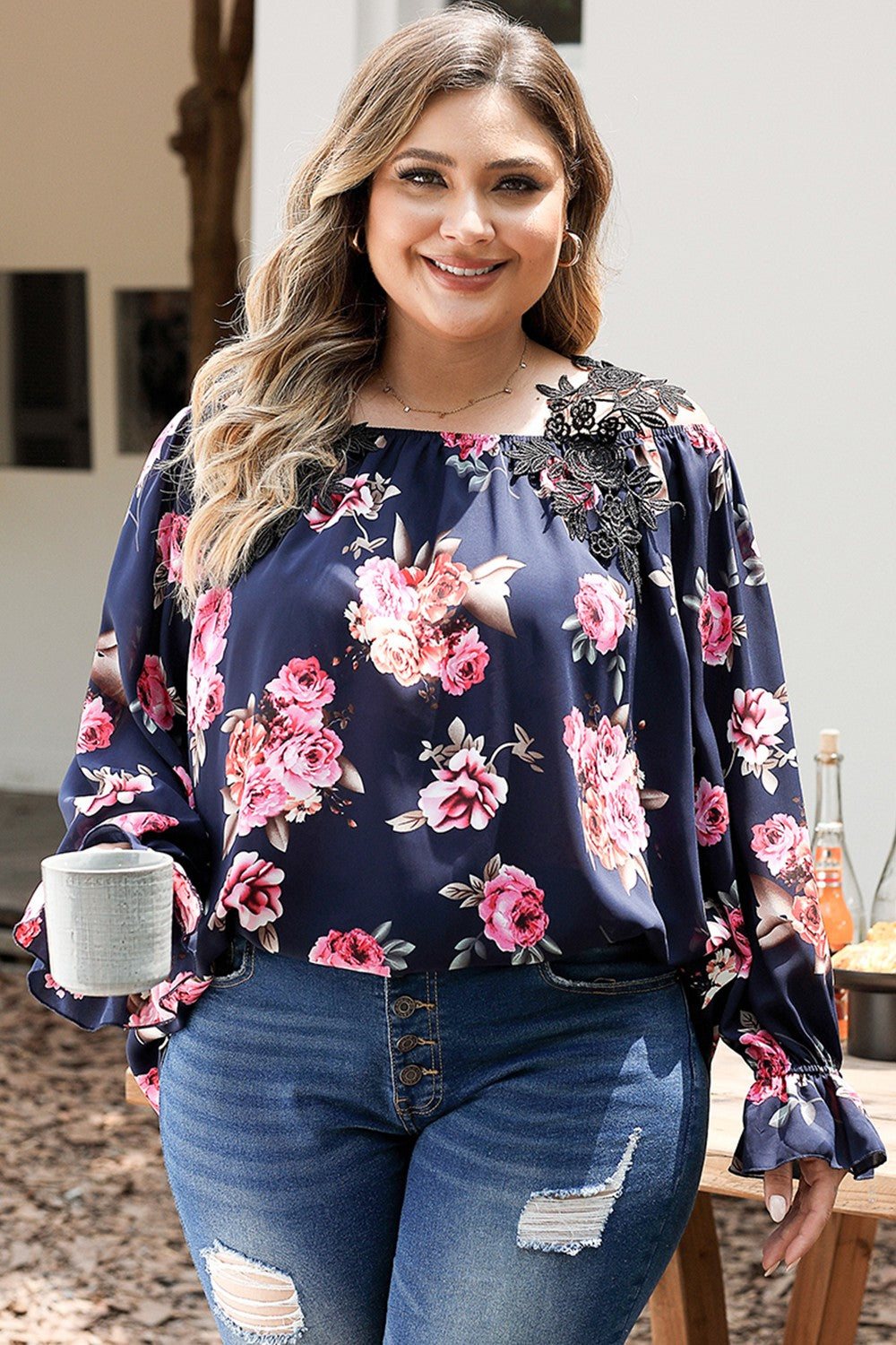 Plus Size Floral Flounce Sleeve Blouse Trandify deal
