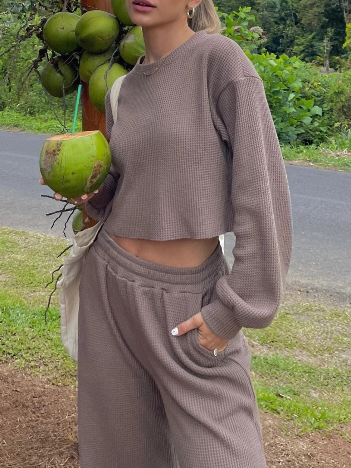 Waffle-Knit Round Neck Top and Pants Set Trandify deal