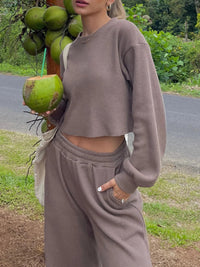 Waffle-Knit Round Neck Top and Pants Set Trandify deal