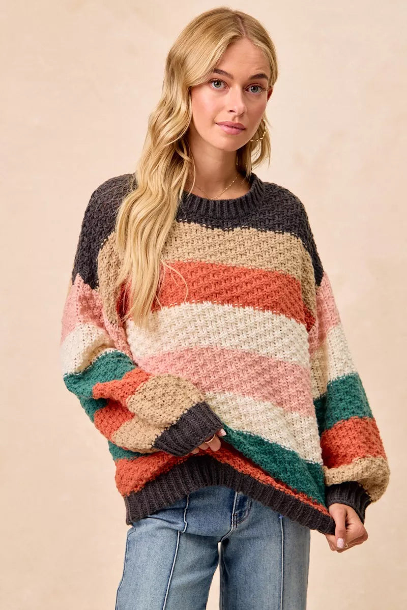 Oversized Color Block Sweater for Women | Chunky Knit Fall Top