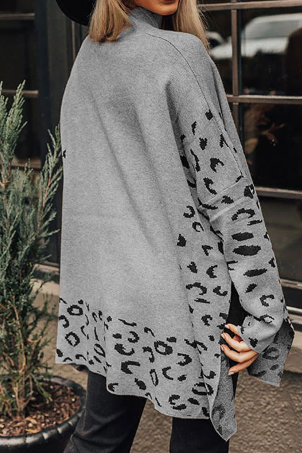Slit Leopard Mock Neck Dropped Shoulder Sweater Trandify Deal