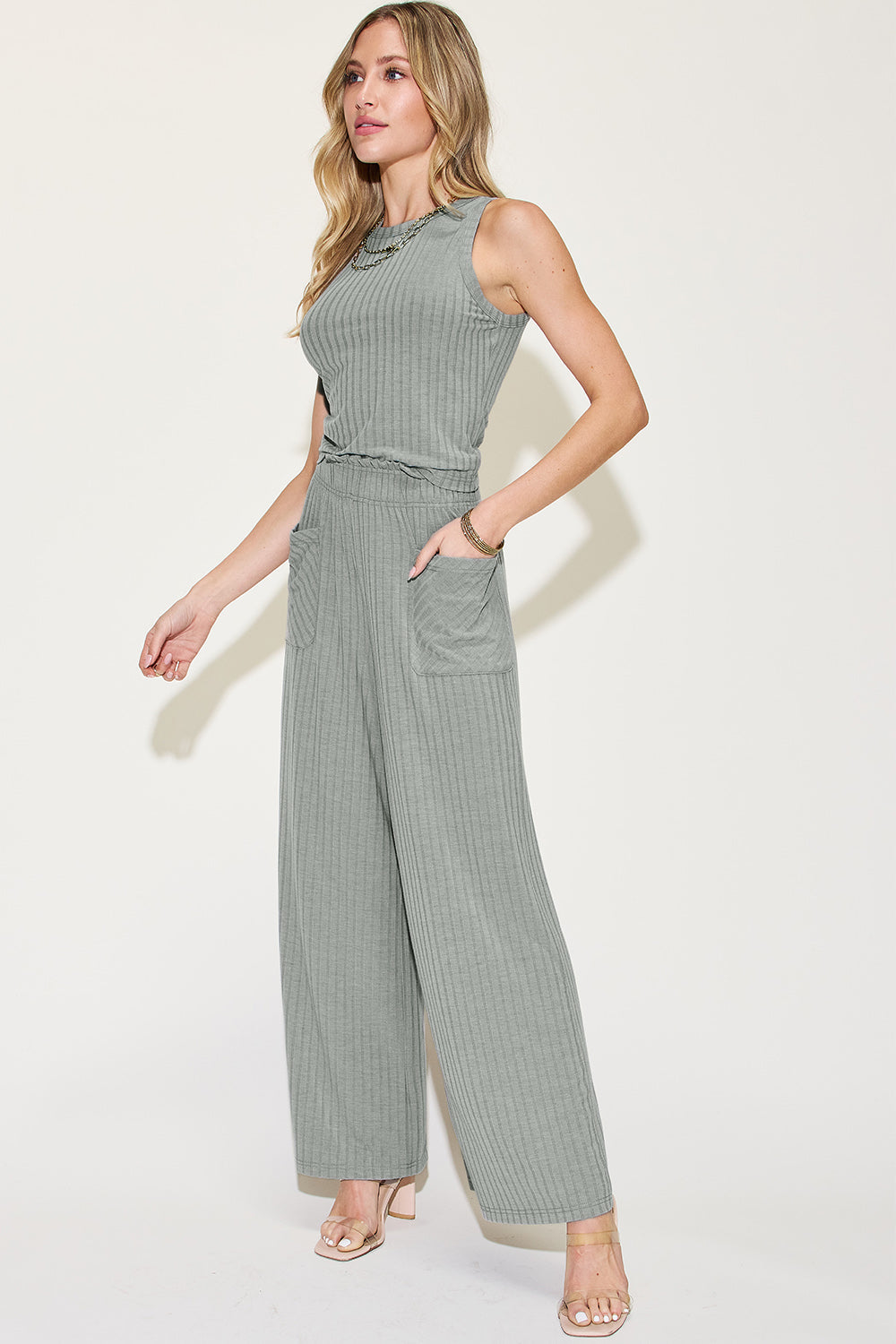 Basic Bae Full Size Ribbed Tank and Wide Leg Pants Set Trandify Deal