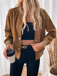 Perfee Baseball Collar Snap Down Long Sleeve Jacket Trandify Deal
