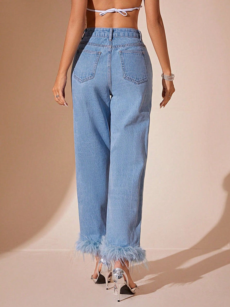 Plush Hem High Rise Straight Jeans - Trandify Deal