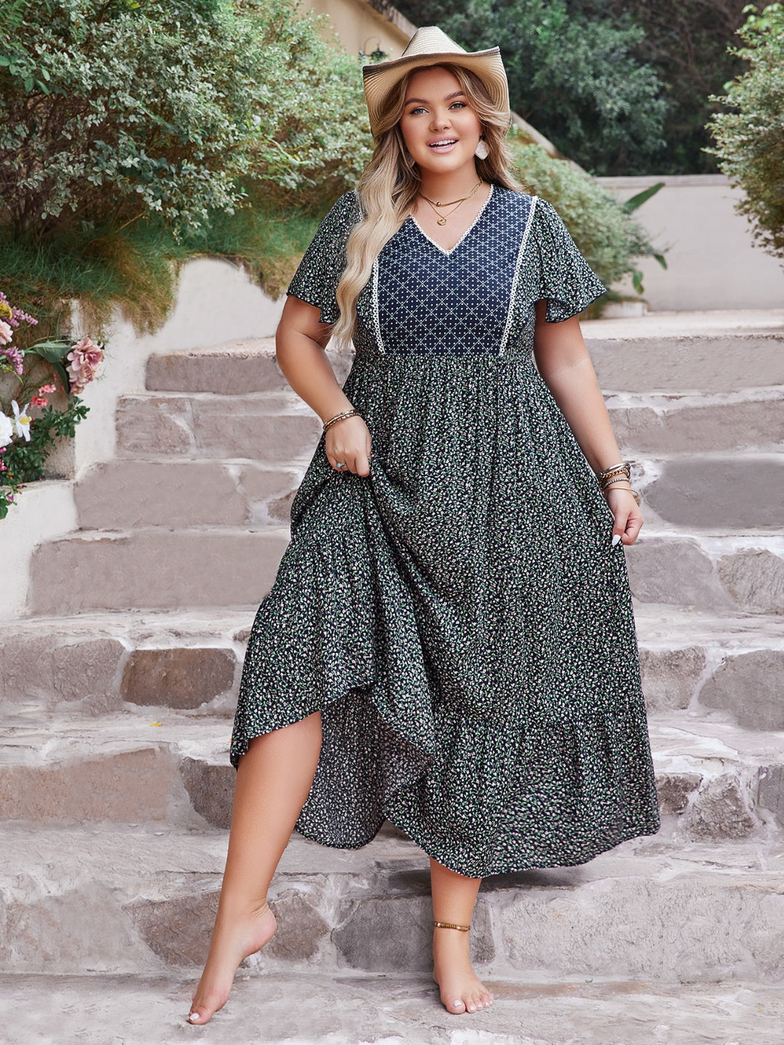Plus Size Printed V-Neck Flutter Sleeve Midi Dress Trandify deal