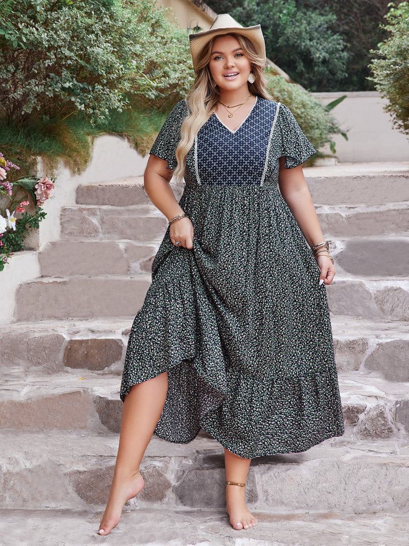 Plus Size Printed V-Neck Flutter Sleeve Midi Dress Trandify deal