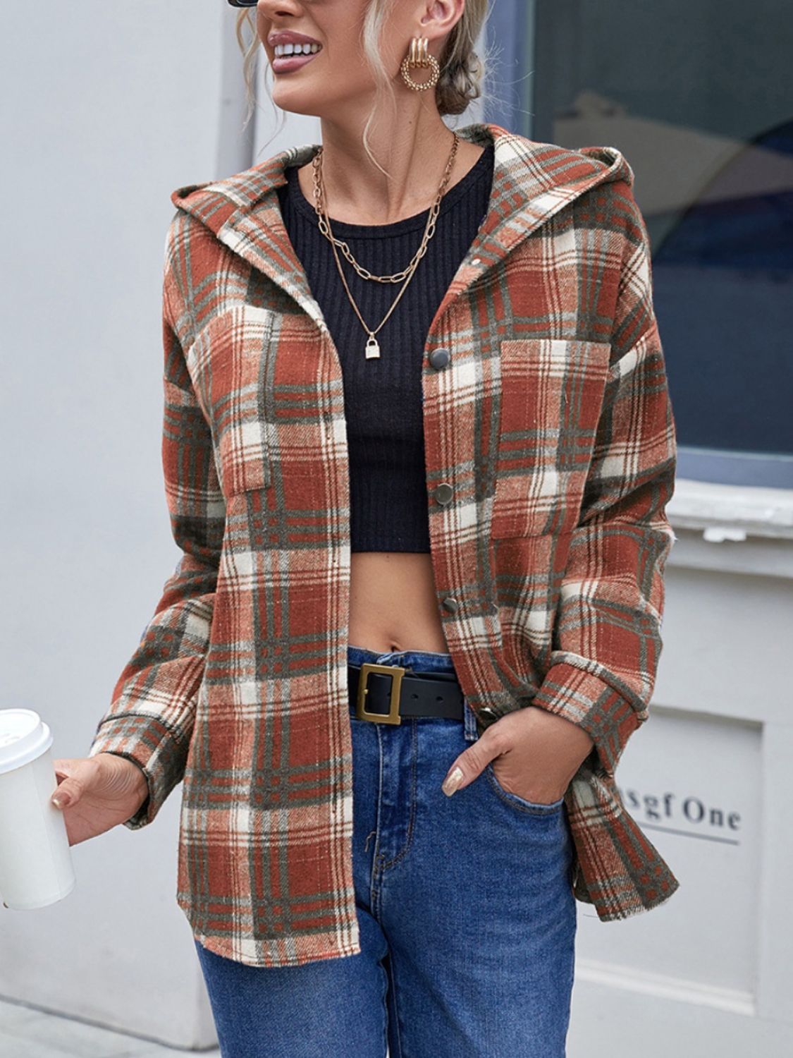 lvy Lane Plaid Button Up Long Sleeve Hooded Jacket Trandify Deal
