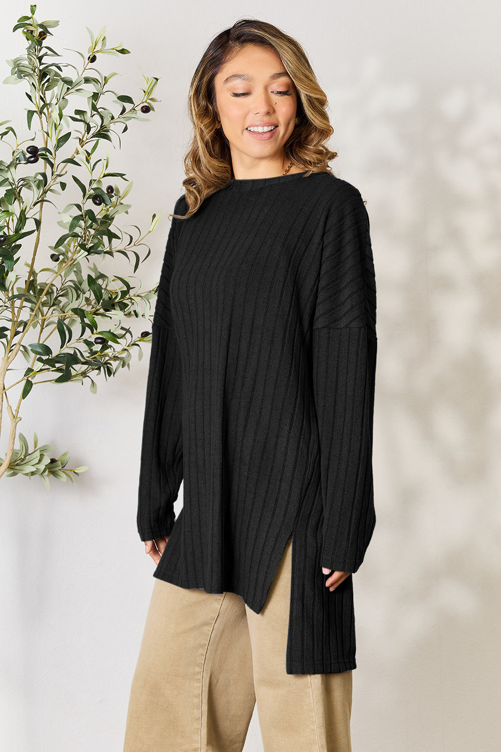 Basic Bae Full Size Ribbed Round Neck Long Sleeve Slit Top Trandify Deal