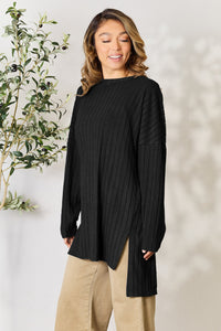 Basic Bae Full Size Ribbed Round Neck Long Sleeve Slit Top Trandify Deal