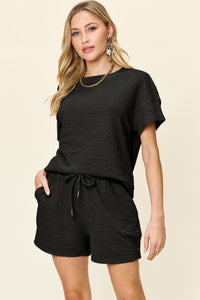 Double Take Full Size Texture Short Sleeve T-Shirt and Drawstring Shorts Set - Trandify Deal