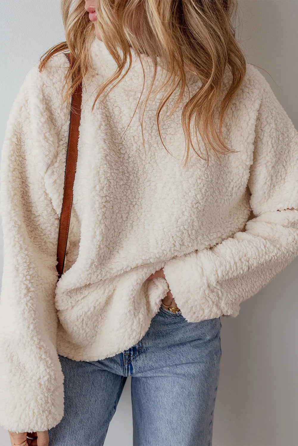 Turtleneck Long Sleeve Slit Fleece Sweatshirt Trandify Deal