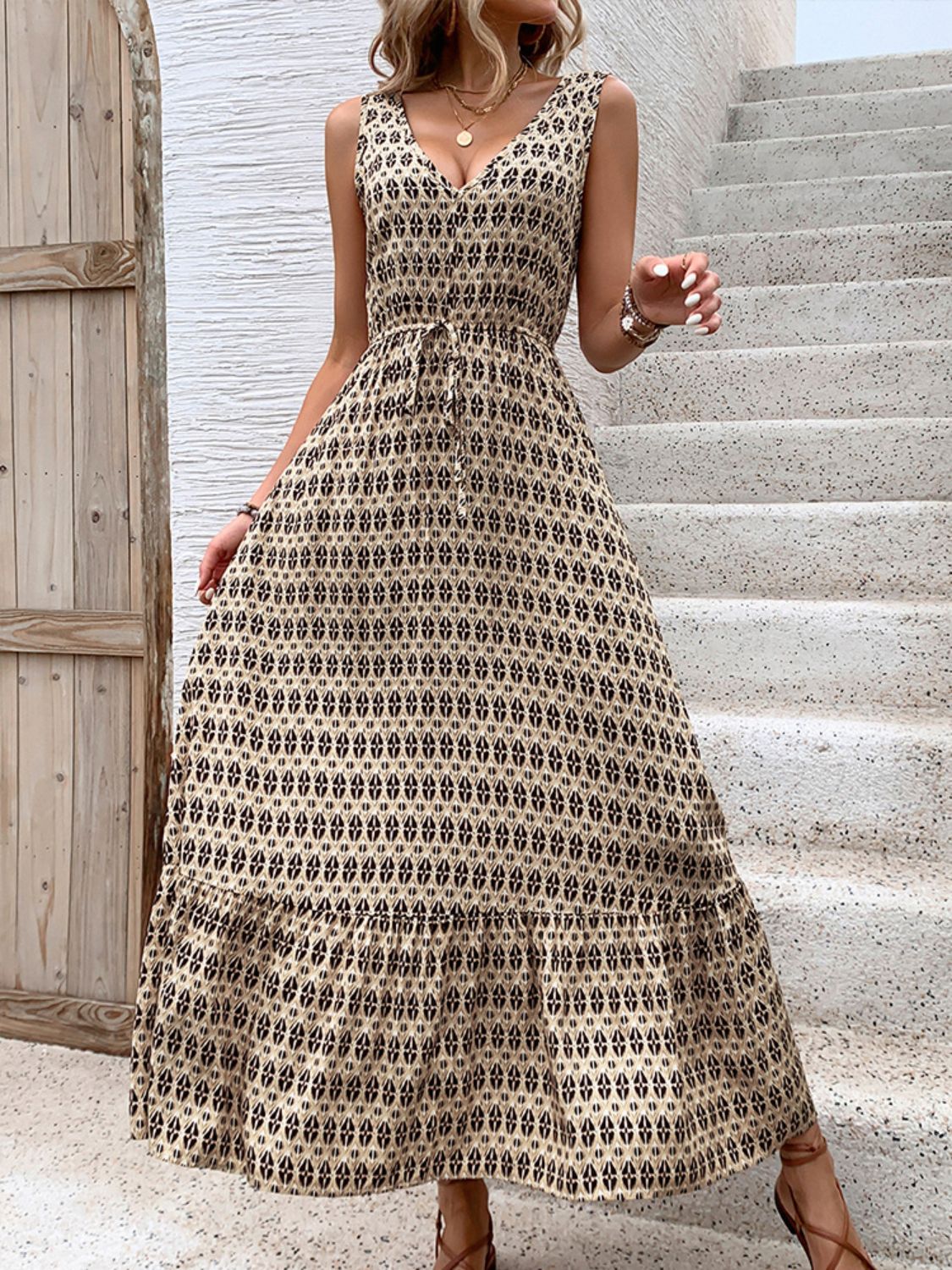 Perfee Printed V-Neck Tie Waist Midi Dress - Trandify Deal
