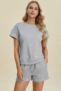 Double Take Full Size Texture Short Sleeve Top and Shorts Set Trandify deal