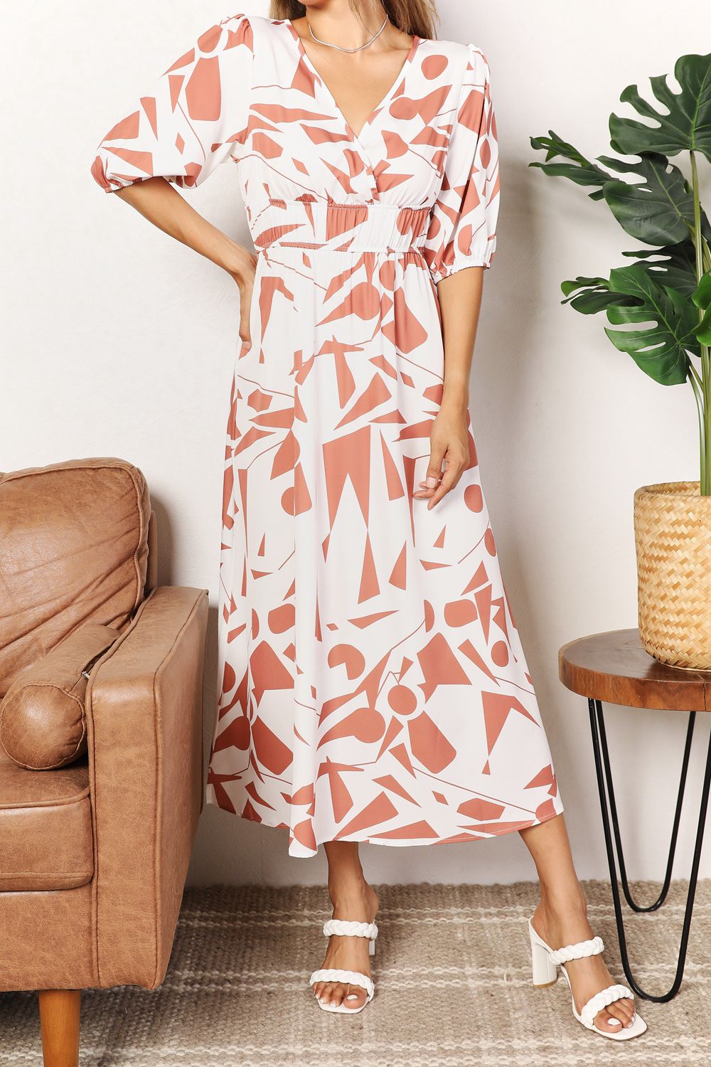 Printed Surplice Balloon Sleeve Dress Trandify deal