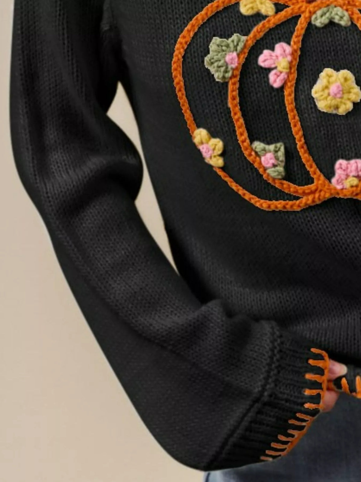 Women's Pumpkin Floral Embroidered Thanksgiving Sweater Cozy Fall Pullover
