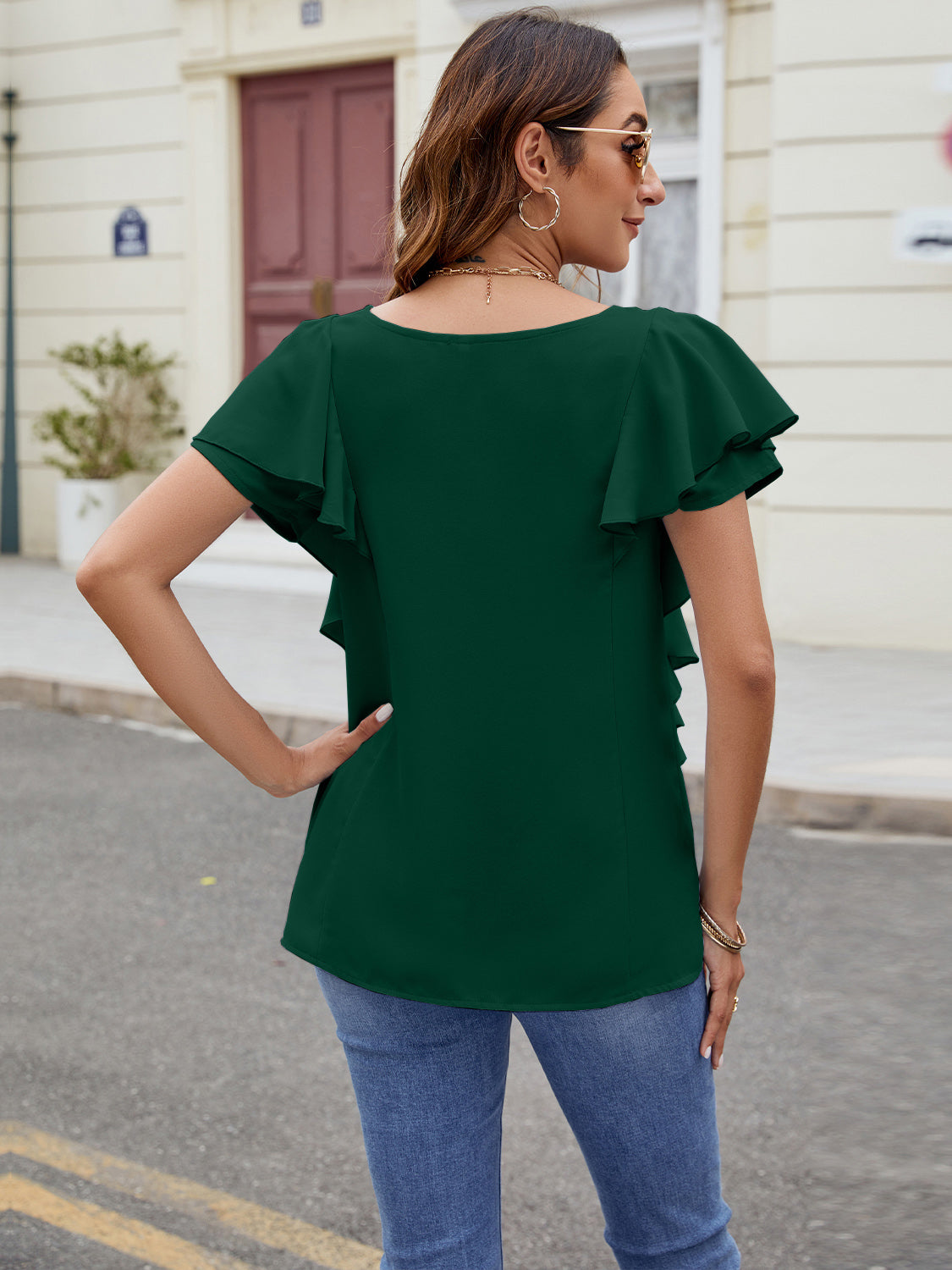 Ruffled V-Neck Short Sleeve Top Trandify deal
