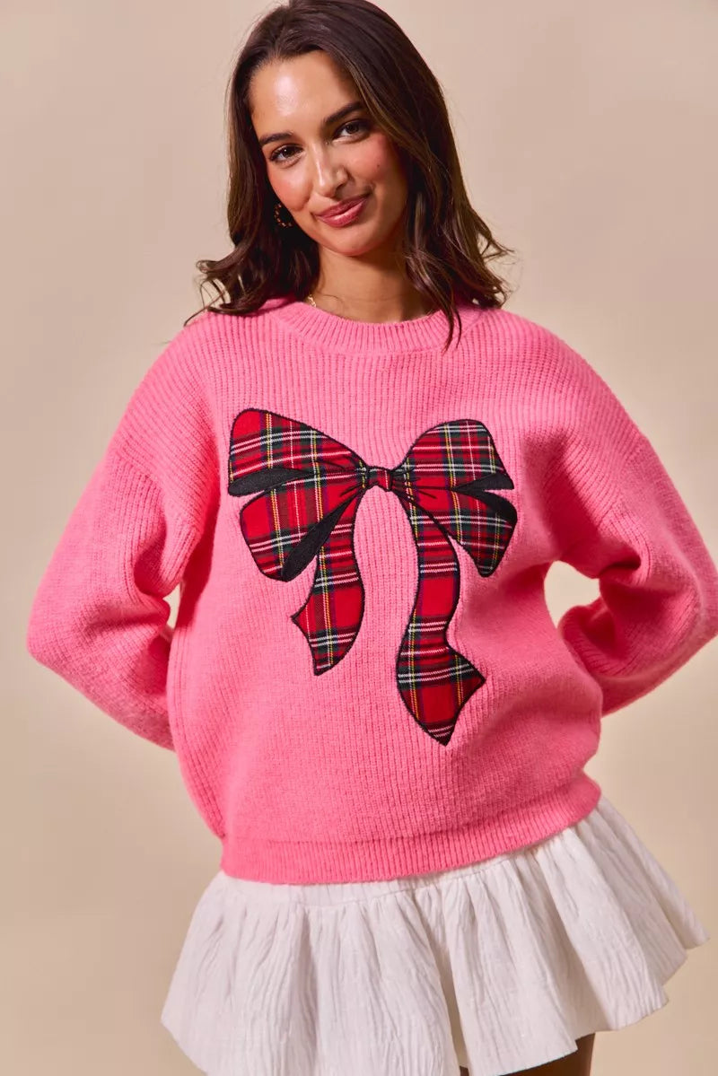 Women's Plaid Ribbon Christmas Sweater - Ugly Holiday