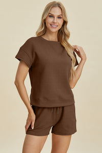 Double Take Full Size Texture Short Sleeve Top and Shorts Set Trandify deal