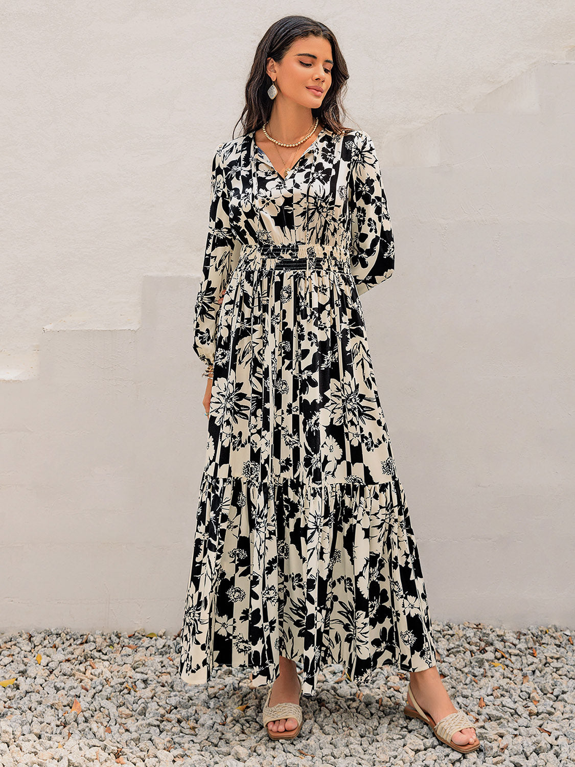 Smocked Printed Tie Neck Long Sleeve Dress Trandify Deal